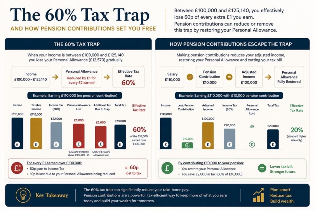 Diagram showing the UK 60% effective tax trap between £100k and £125,140 and how pension contributions reduce it