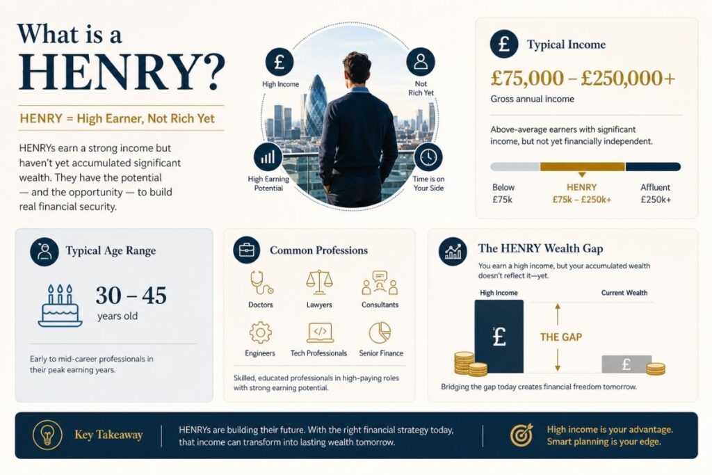Infographic showing the typical UK HENRY profile including income range, age, and wealth gap