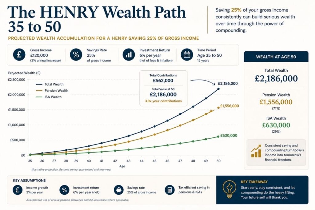 Chart showing how a HENRY saving 25 percent of gross income accumulates wealth from age 35 to 50