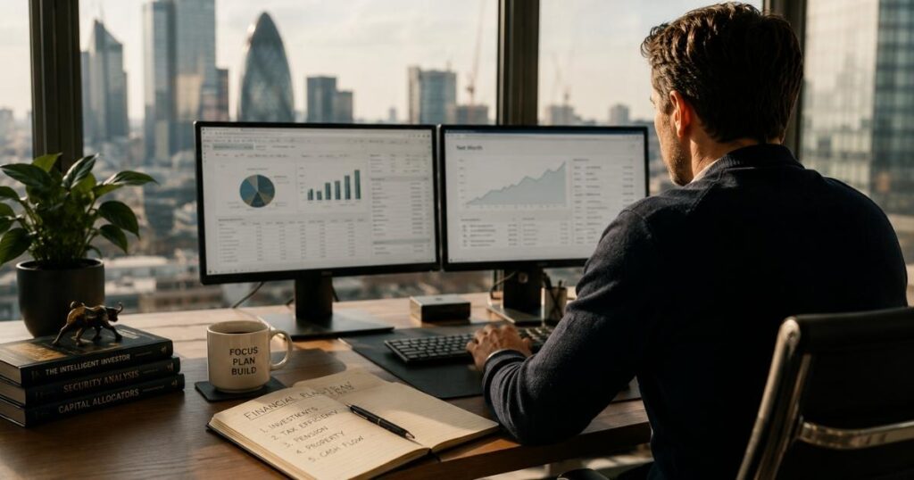 A young professional working at a London desk with financial planning notes, representing the HENRY high earner not rich yet demographic