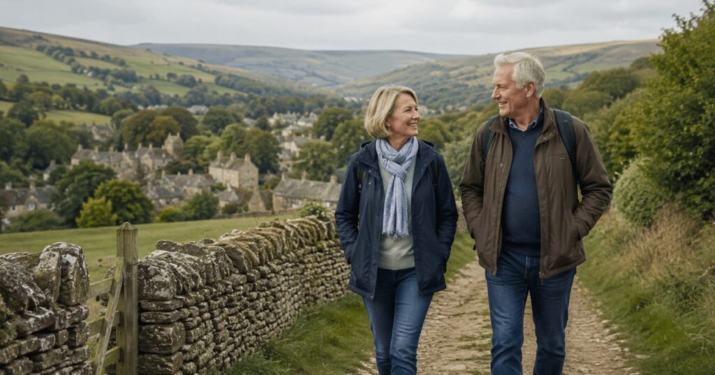 Couple in their late fifties walking through a British countryside landscape representing a comfortable UK retirement